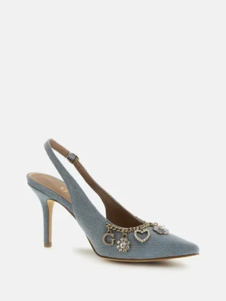 Tacones con tiras traseras de denim y dijes Naska